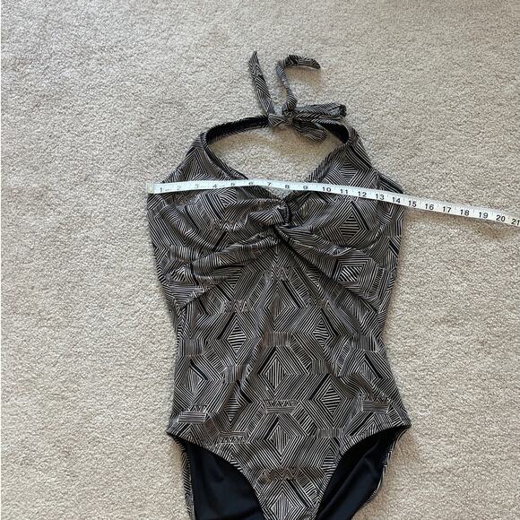 Garnet Hill Womens Geometric Print Halter Neck One Piece Swimsuit Sz 8 Black Tan - Picture 5 of 6